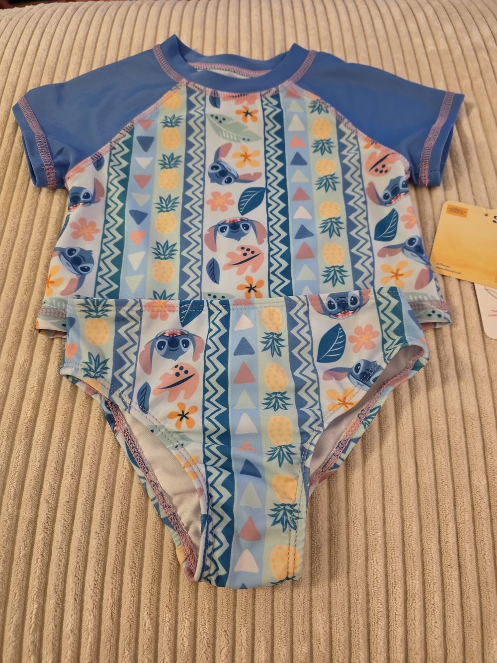Disney Stitch Blue Tropical Print Girls' Rash Guard Two-Piece Swimsuit
